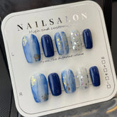Mode Blau Sternenhimmel Volle Abdeckung Abnehmbare Fertig Hand Bemalt Falsche Nagel Patch Maniküre
